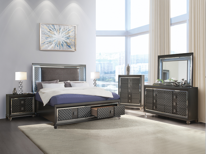 Sawyer PU & Metallic Gray Eastern King Bed  Half Price Furniture