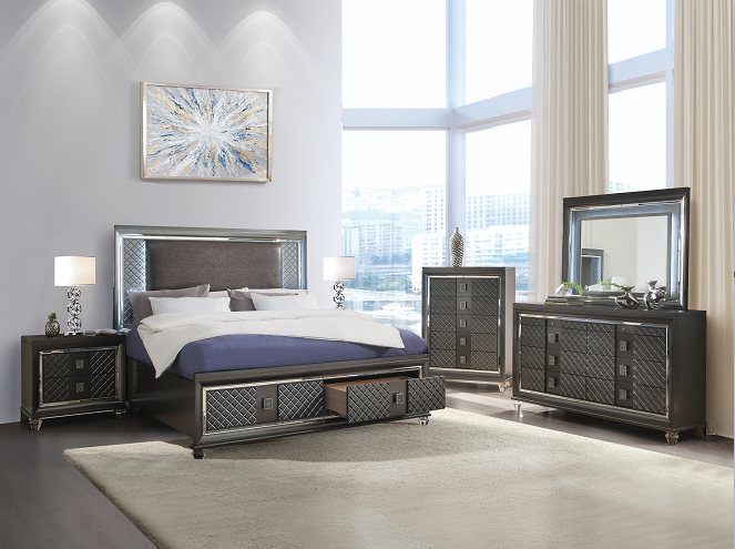 Sawyer PU & Metallic Gray Eastern King Bed Half Price Furniture