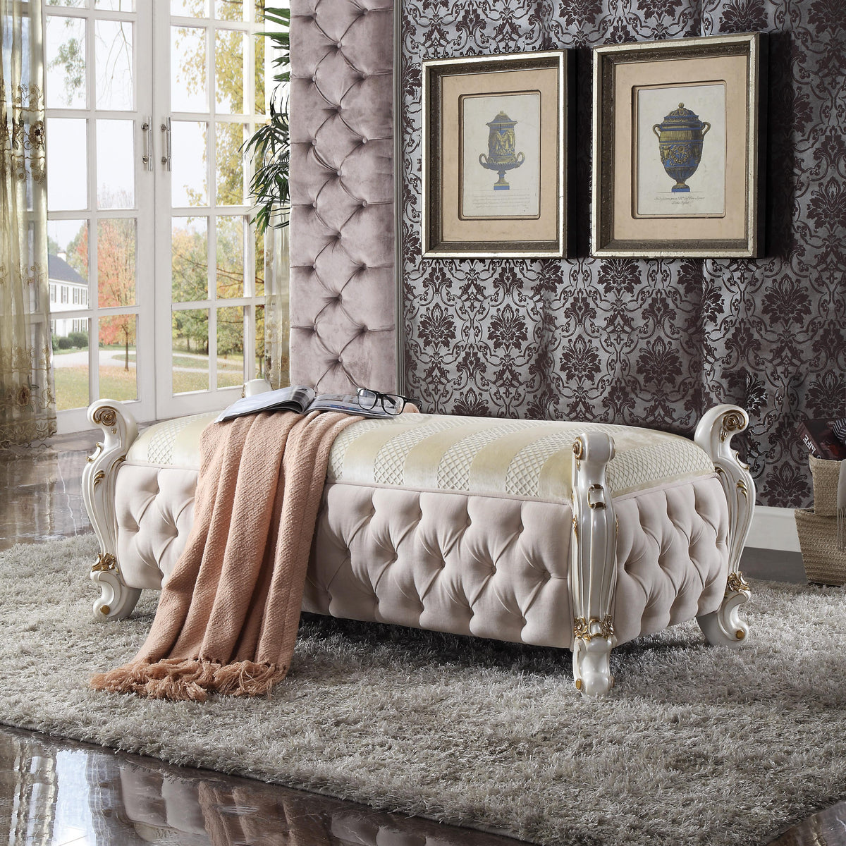 Picardy Fabric & Antique Pearl Bench  Half Price Furniture