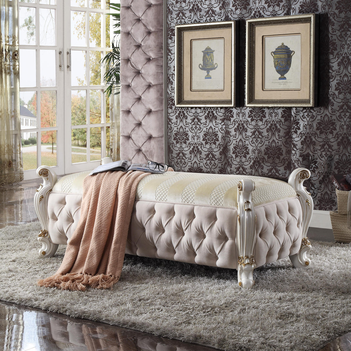 Picardy Fabric & Antique Pearl Bench Half Price Furniture