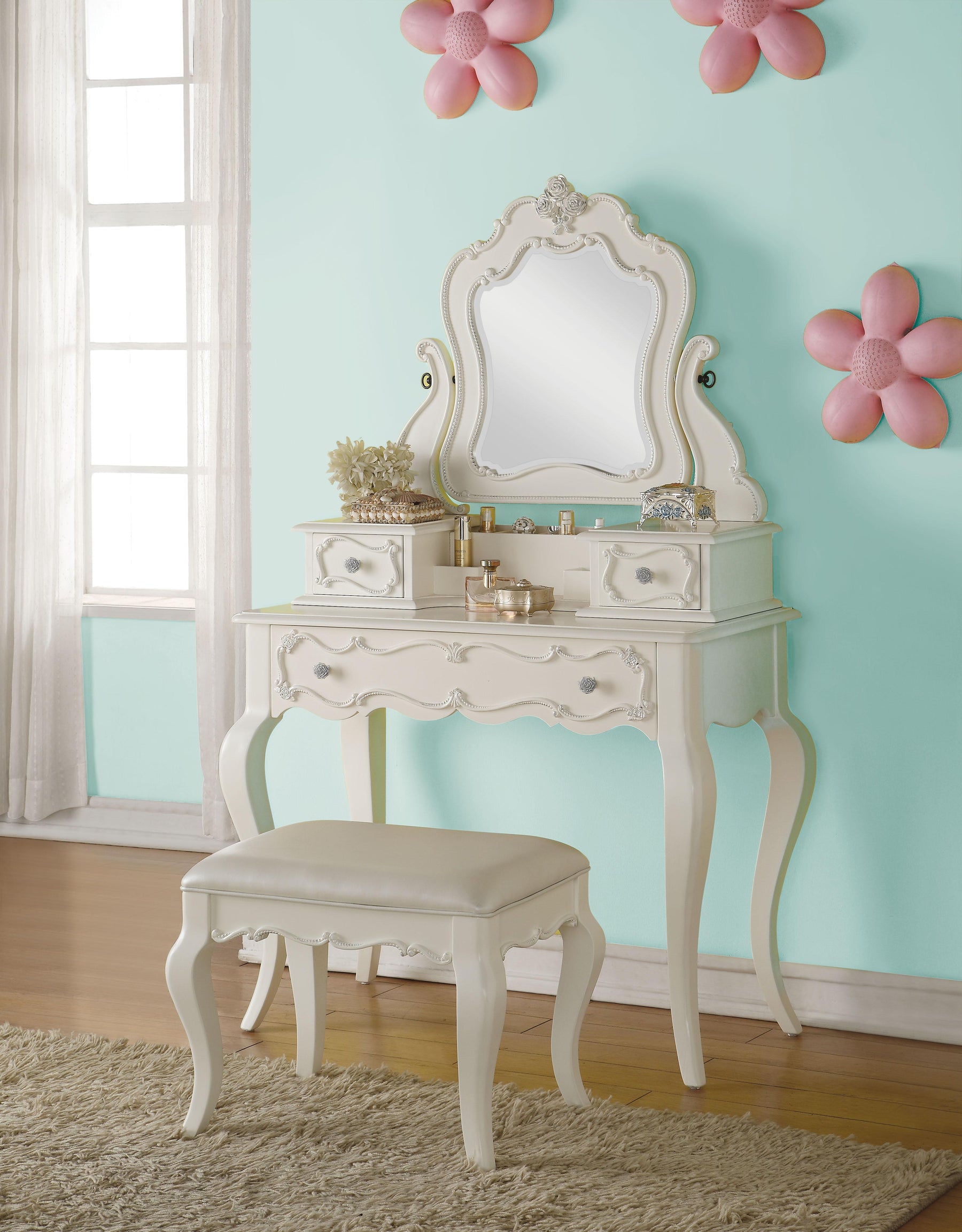 Edalene Pearl White Vanity & Mirror Half Price Furniture