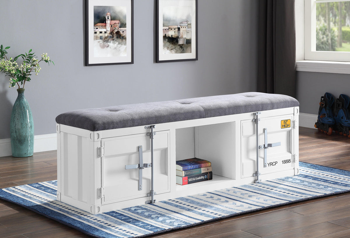 Cargo Gray Fabric & White Bench (Storage)  Half Price Furniture