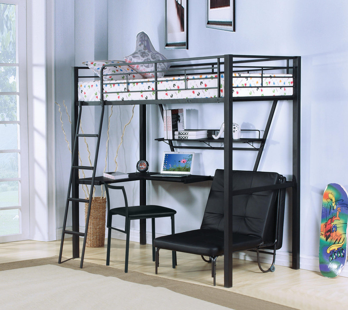 Senon Silver & Black Loft Bed & Desk  Half Price Furniture