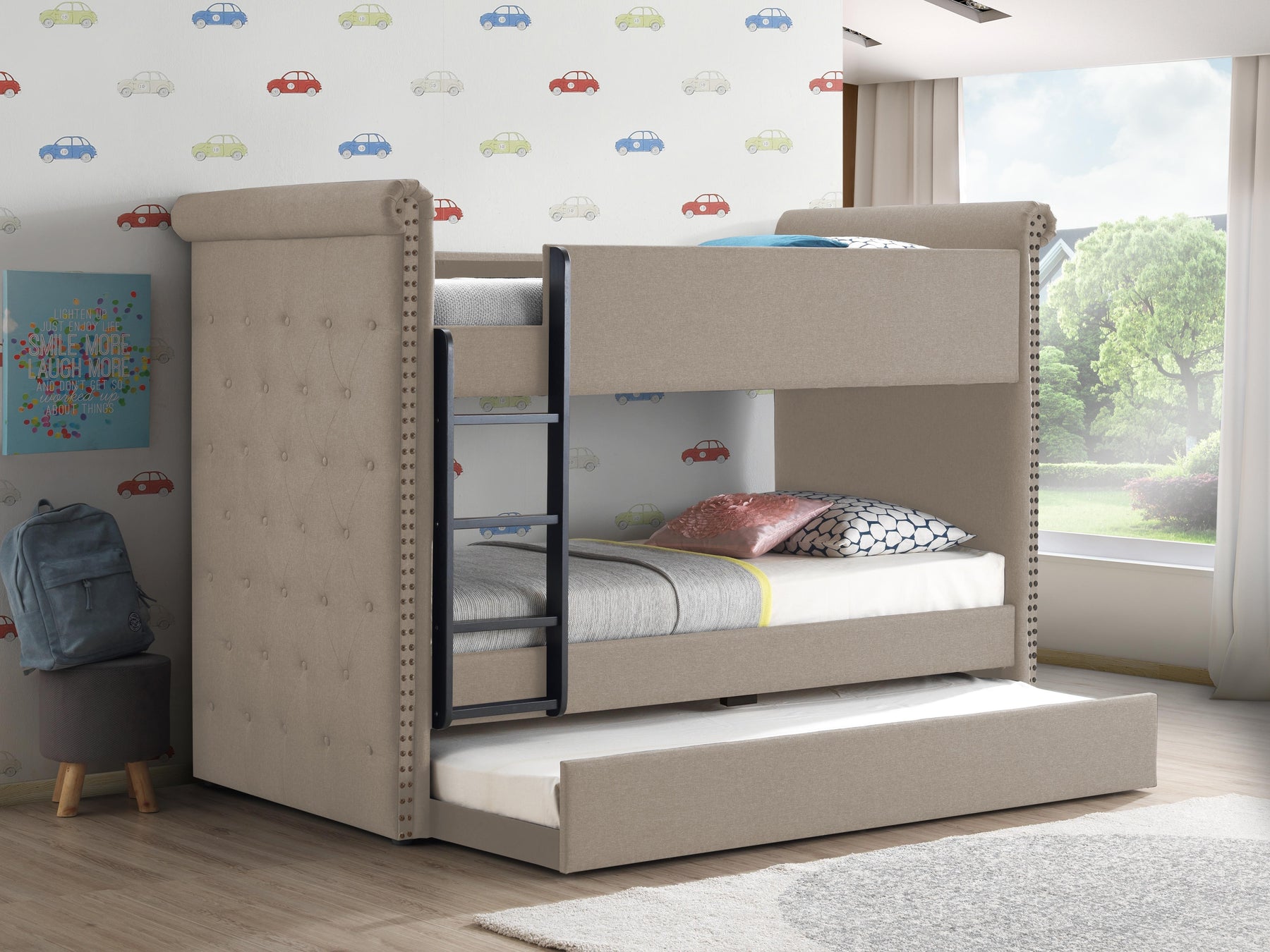 Romana II Beige Fabric Bunk Bed & Trundle (Twin/Twin)  Half Price Furniture