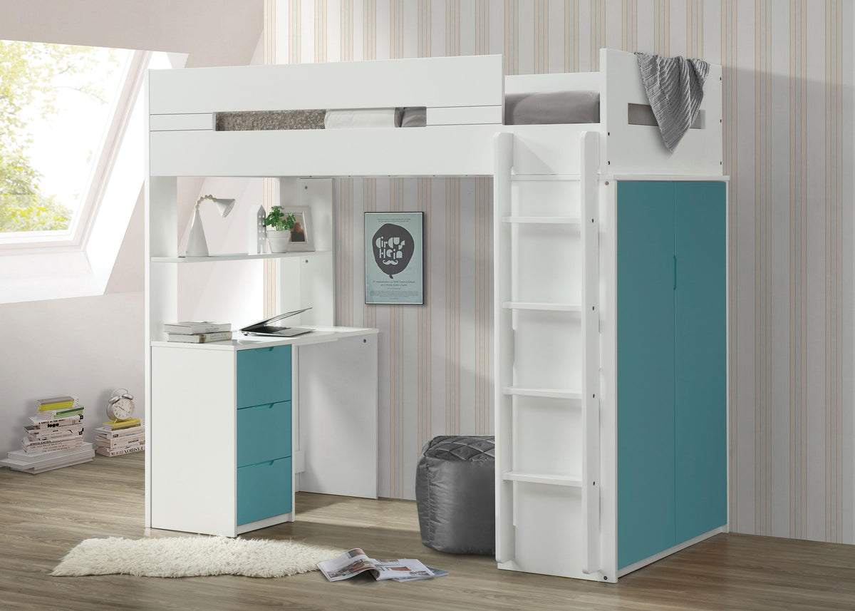 Nerice White & Teal Loft Bed  Half Price Furniture