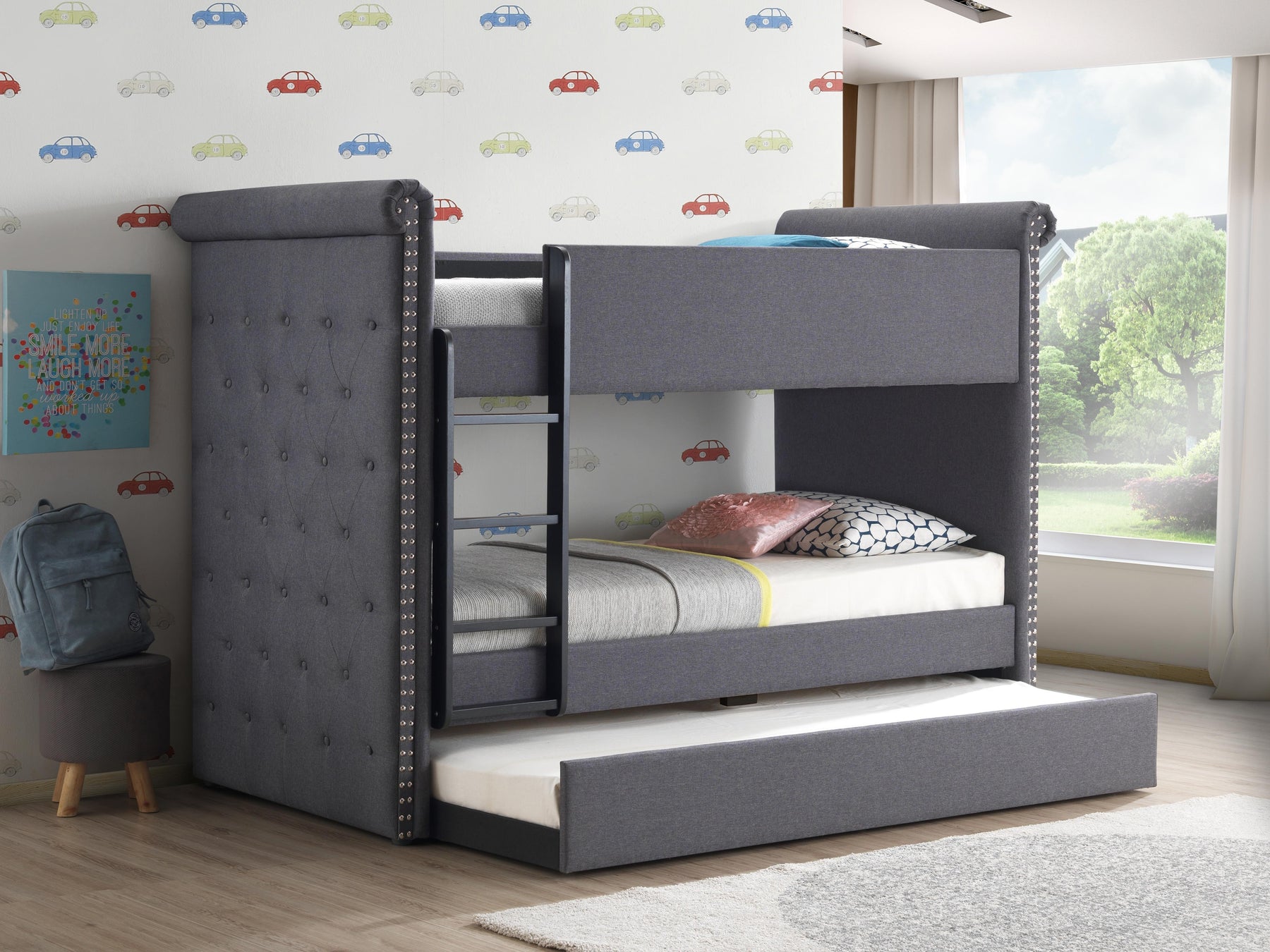 Romana II Gray Fabric Bunk Bed & Trundle (Twin/Twin)  Half Price Furniture