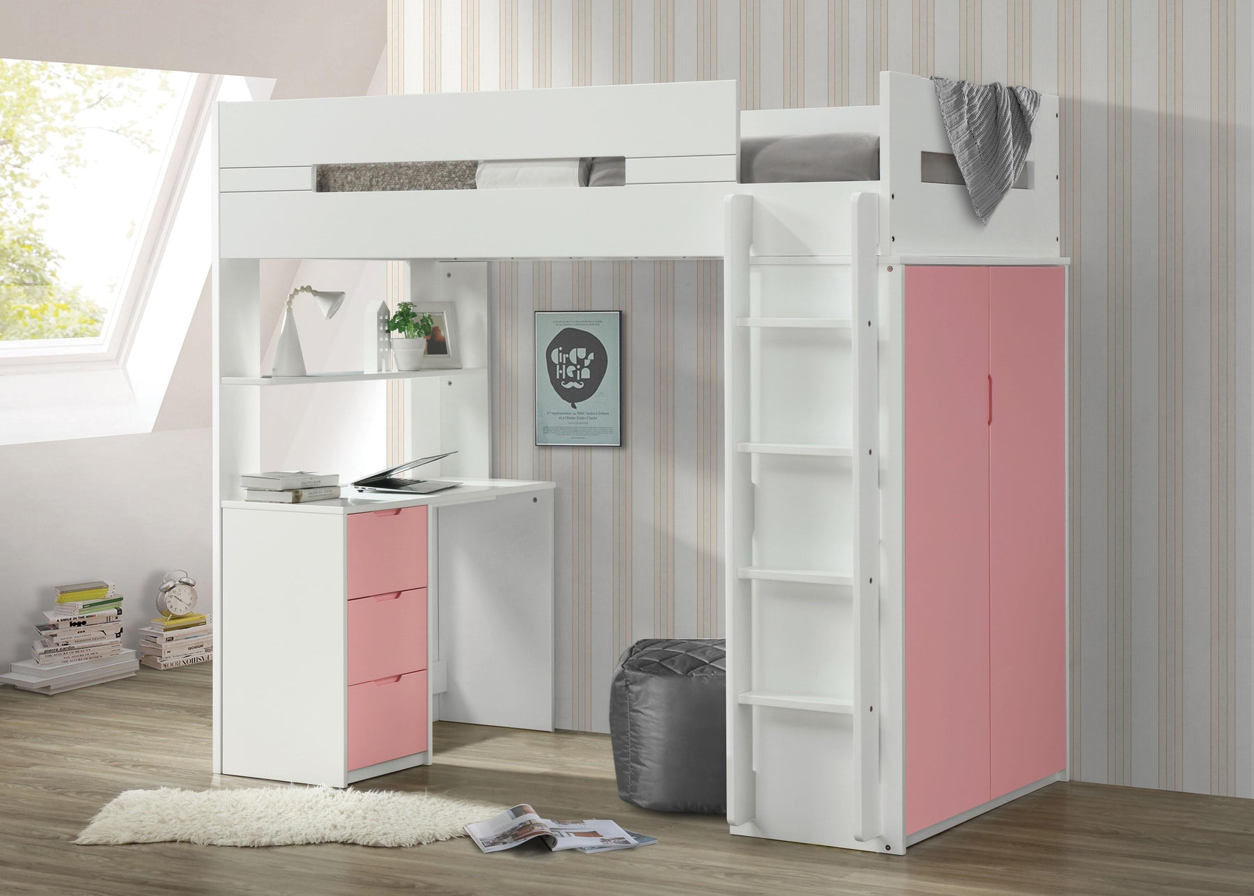 Nerice White & Pink Loft Bed  Half Price Furniture
