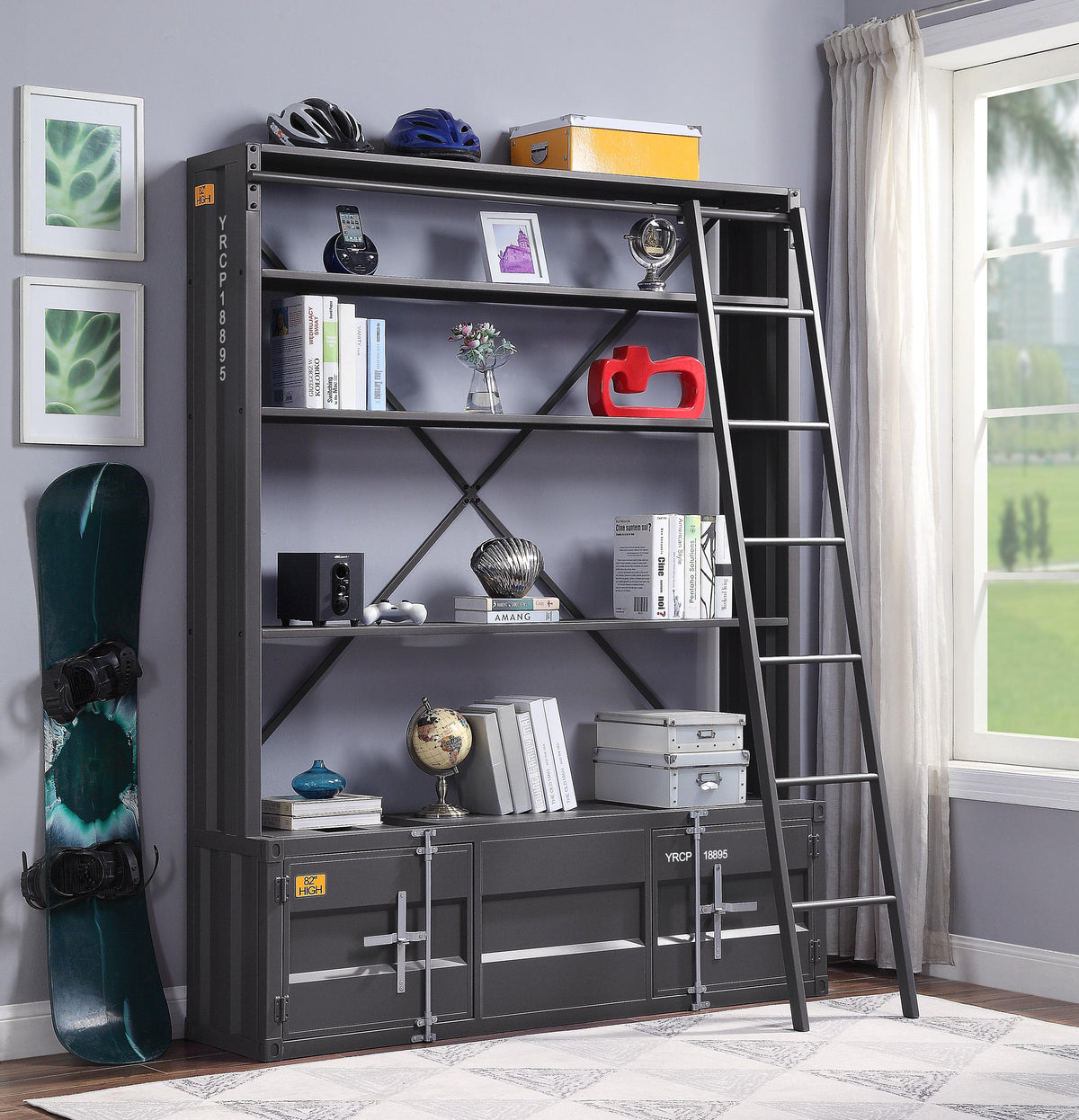 Cargo Gunmetal Bookshelf & Ladder  Half Price Furniture