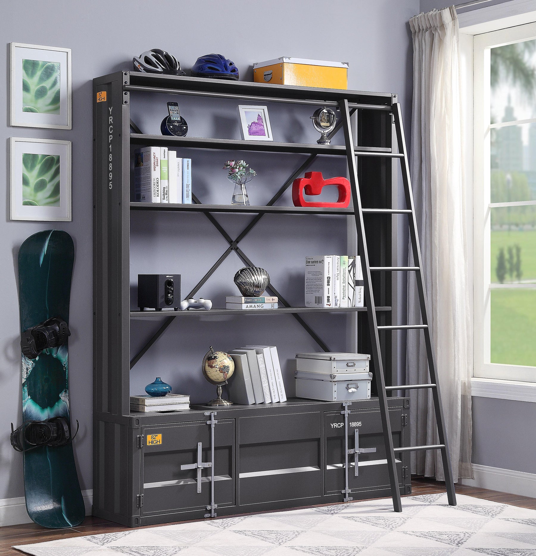 Cargo Gunmetal Bookshelf & Ladder Half Price Furniture