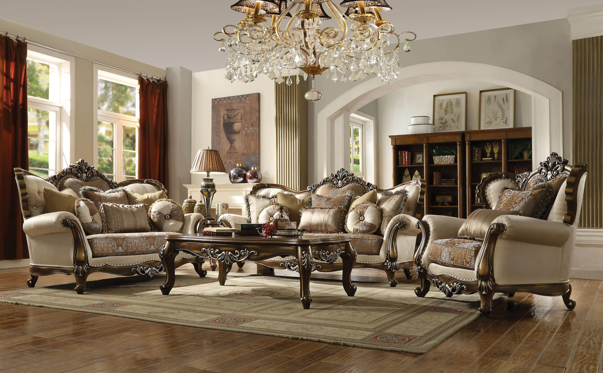 Latisha Tan, Pattern Fabric & Antique Oak Sofa w/6 Pillows  Half Price Furniture