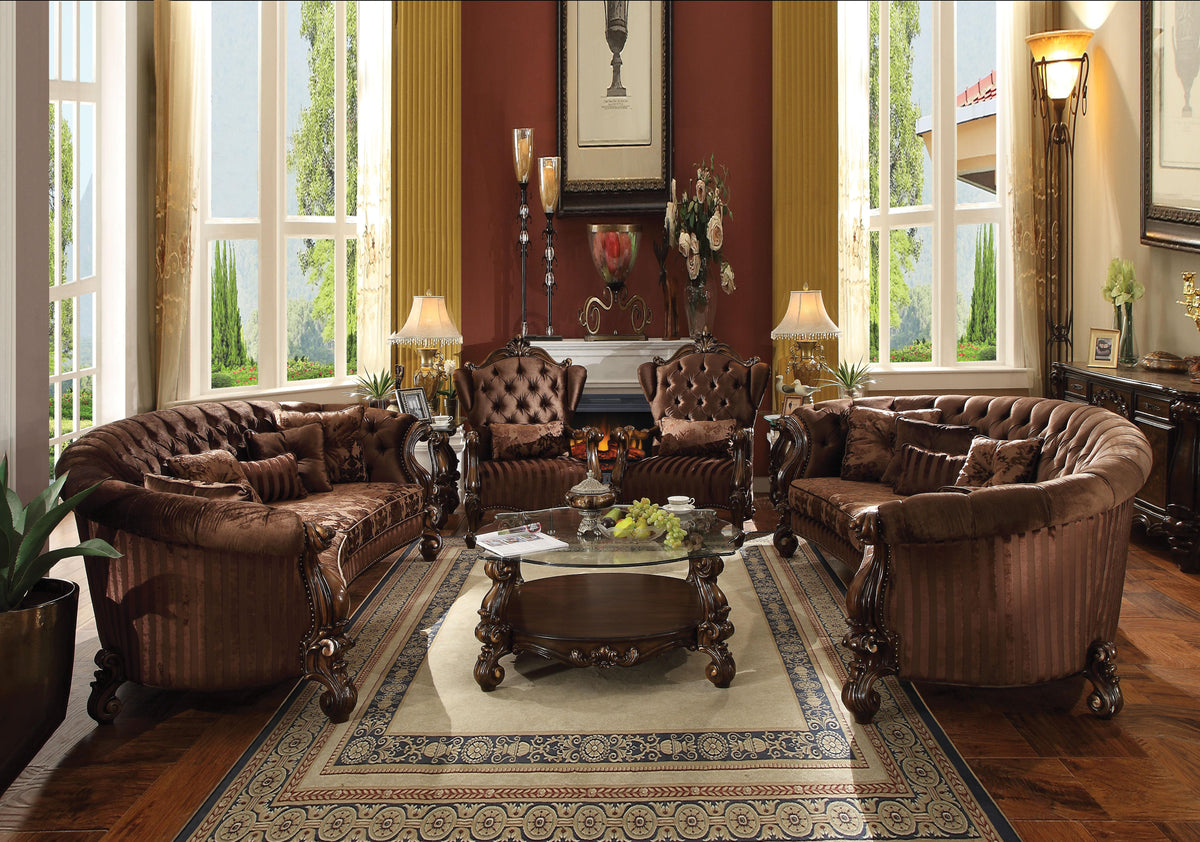 Versailles Brown Velvet & Cherry Oak Sofa w/5 Pillows  Half Price Furniture