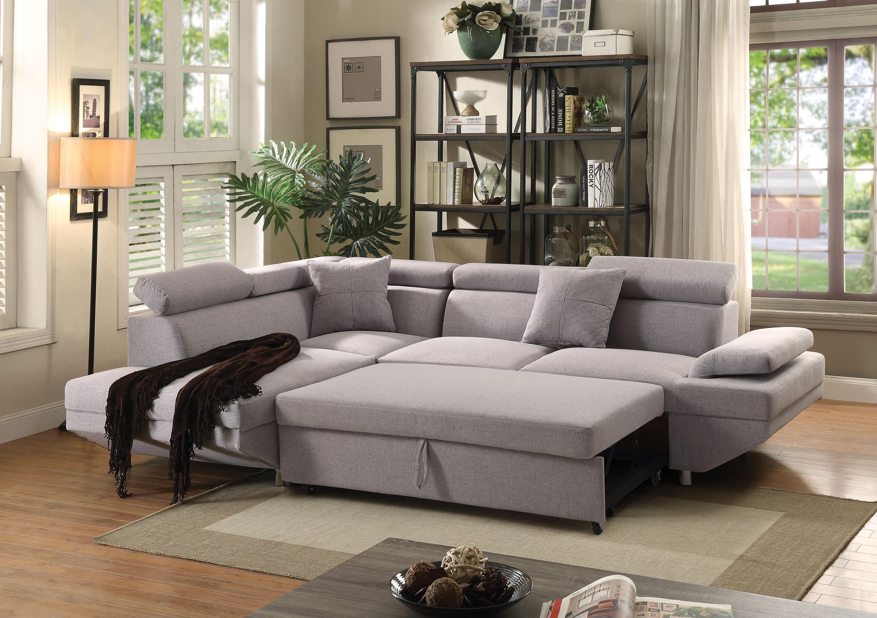 Jemima Gray Fabric Sectional Sofa w/Sleeper Half Price Furniture