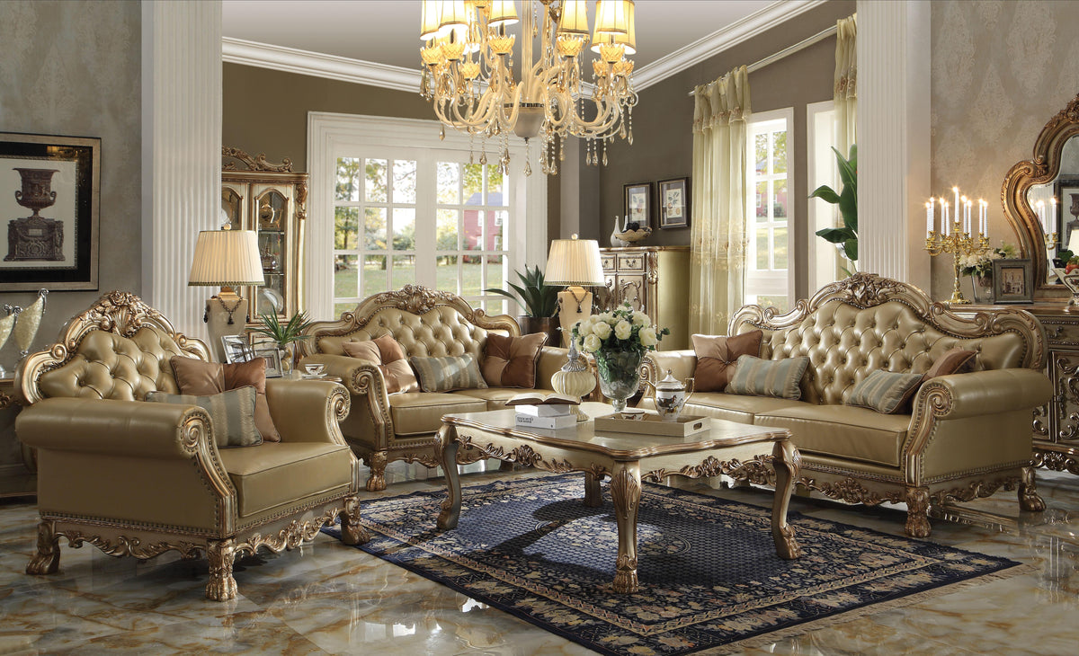Dresden Bone PU & Gold Patina Sofa w/4 Pillows  Half Price Furniture