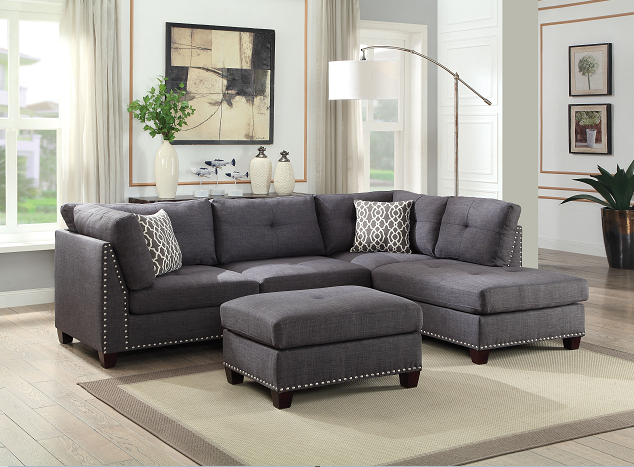 Laurissa Light Charcoal Linen Sectional Sofa & Ottoman (2 Pillows)  Half Price Furniture