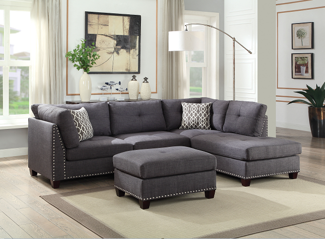 Laurissa Light Charcoal Linen Sectional Sofa & Ottoman (2 Pillows) Half Price Furniture