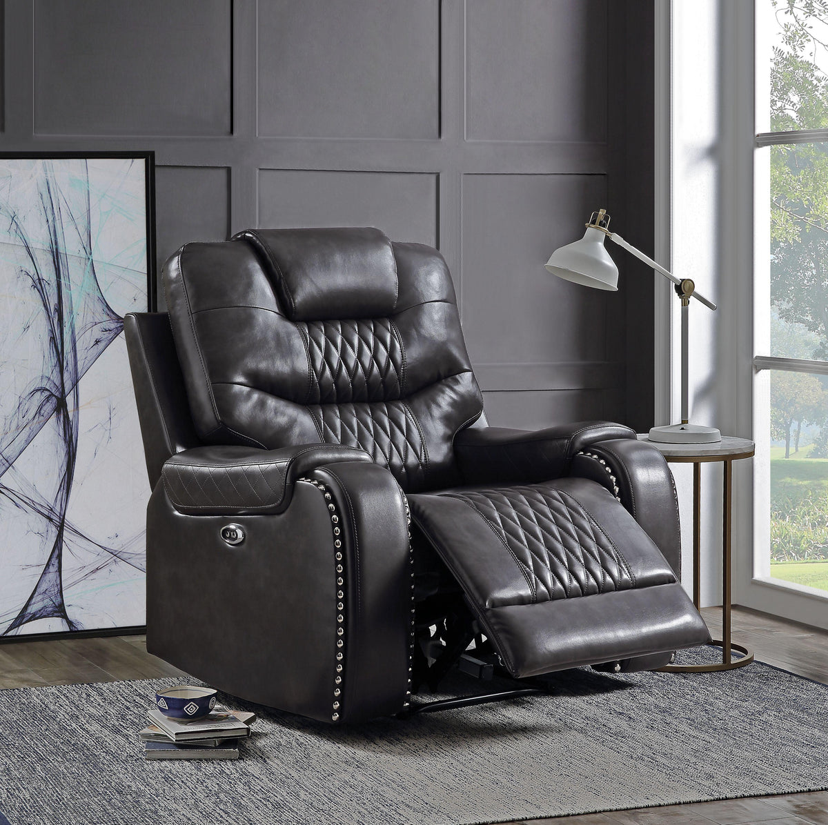 Braylon Magnetite PU Recliner (Power Motion)  Half Price Furniture