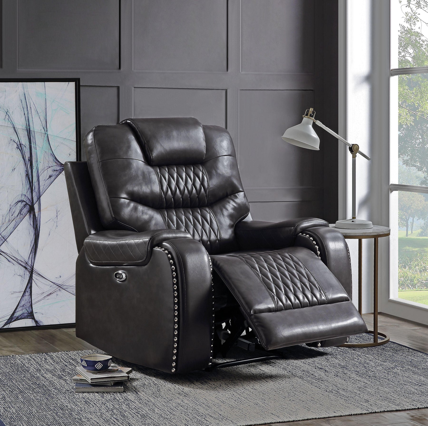 Braylon Magnetite PU Recliner (Power Motion) Half Price Furniture