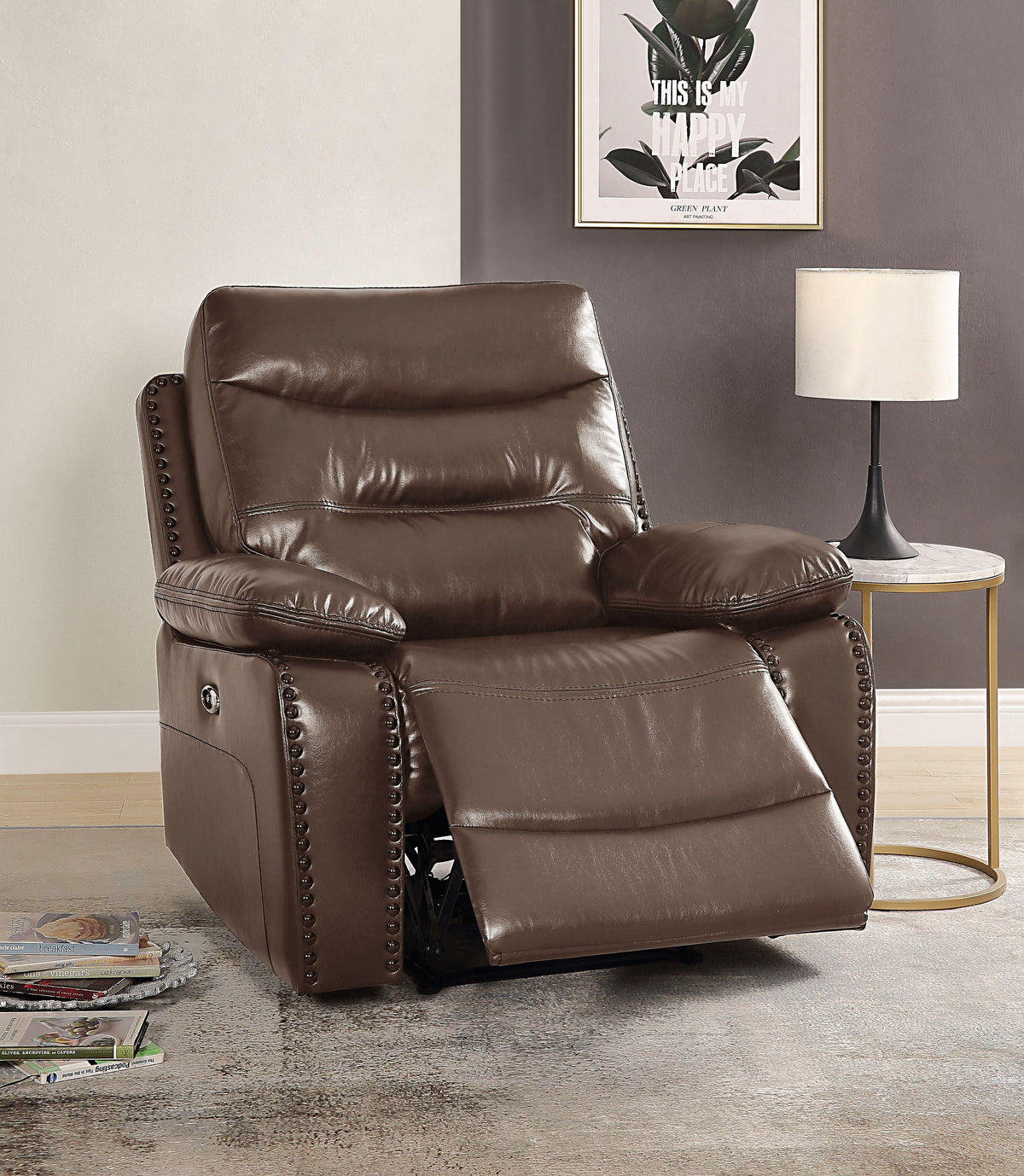 Aashi Brown Leather-Gel Match Recliner (Power Motion)  Half Price Furniture