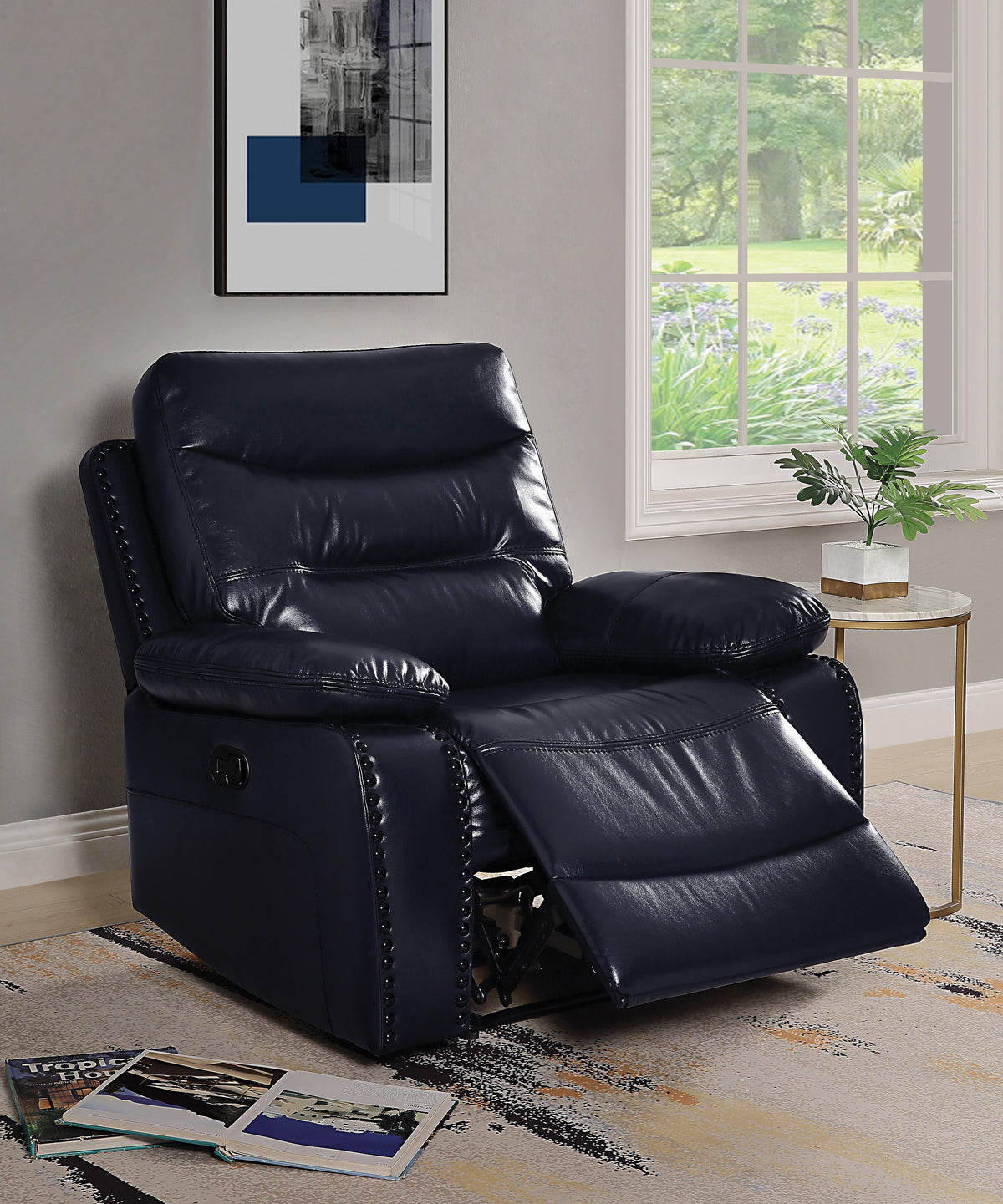 Aashi Navy Leather-Gel Match Recliner (Motion)  Half Price Furniture