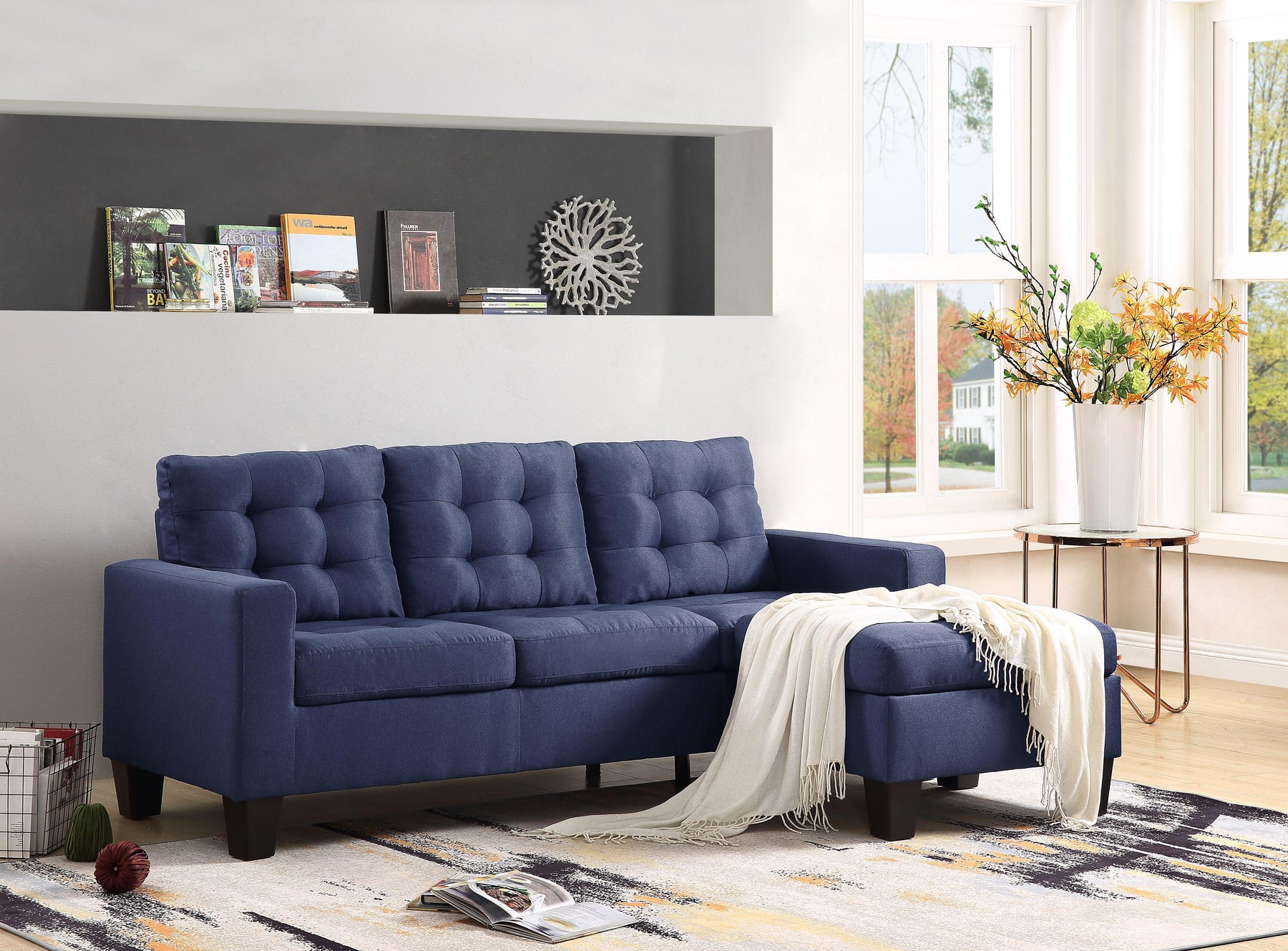 Earsom Blue Linen Sectional Sofa (Rev. Chaise) Half Price Furniture