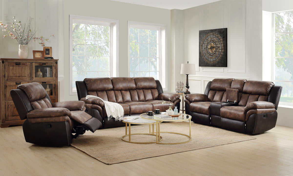 Jaylen Toffee & Espresso Polished Microfiber Sofa (Motion)  Half Price Furniture