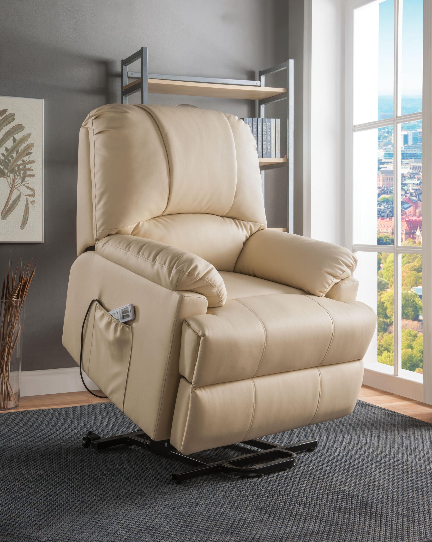 Ixora Beige PU Recliner w/Power Lift & Massage  Half Price Furniture