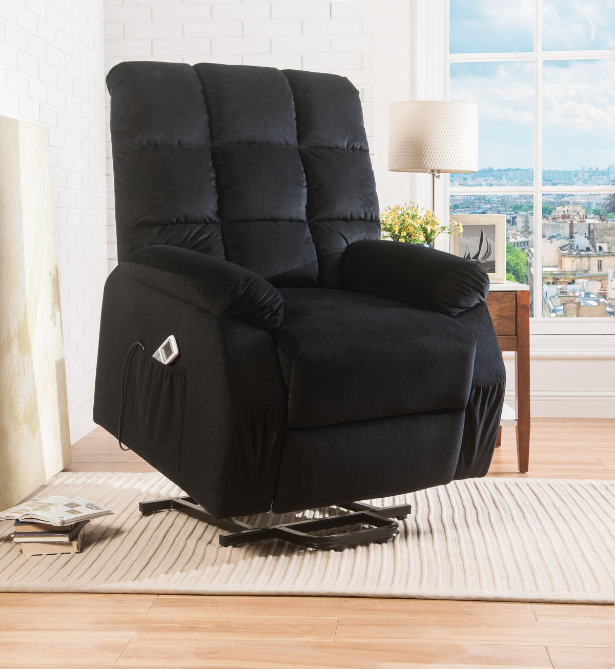 Ipompea Black Velvet Recliner w/Power Lift & Massage Half Price Furniture