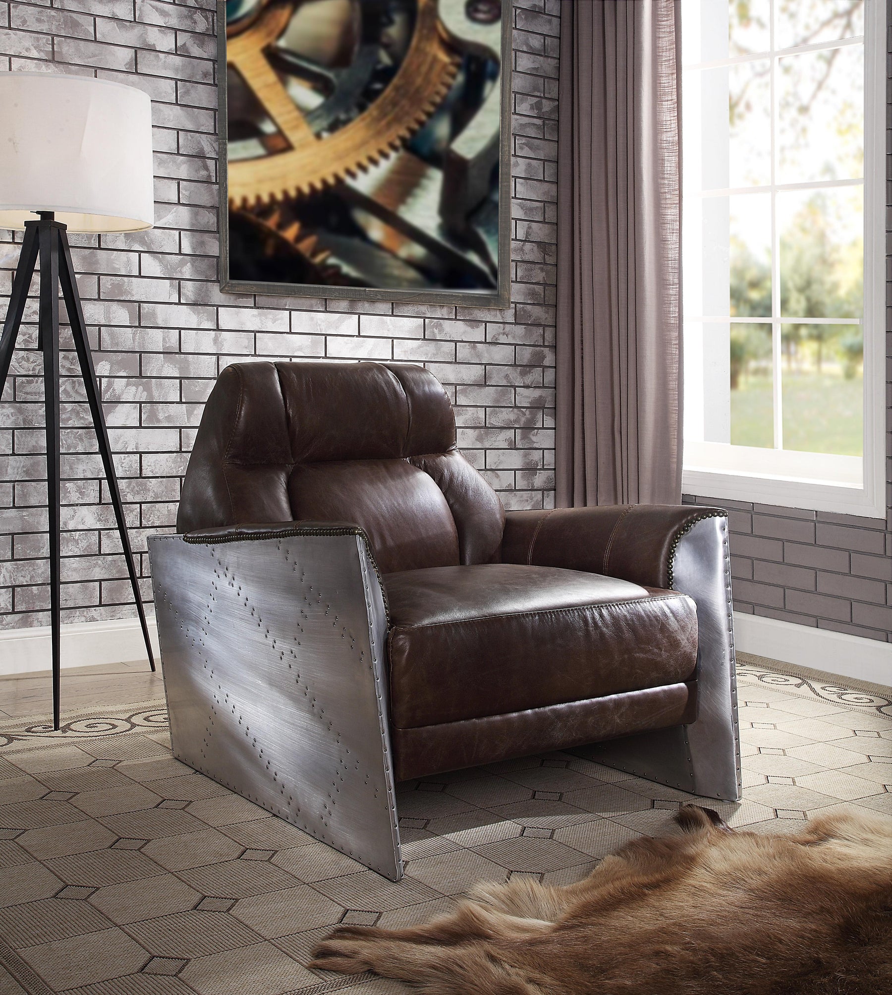 Brancaster Espresso Top Grain Leather & Aluminum Accent Chair  Half Price Furniture