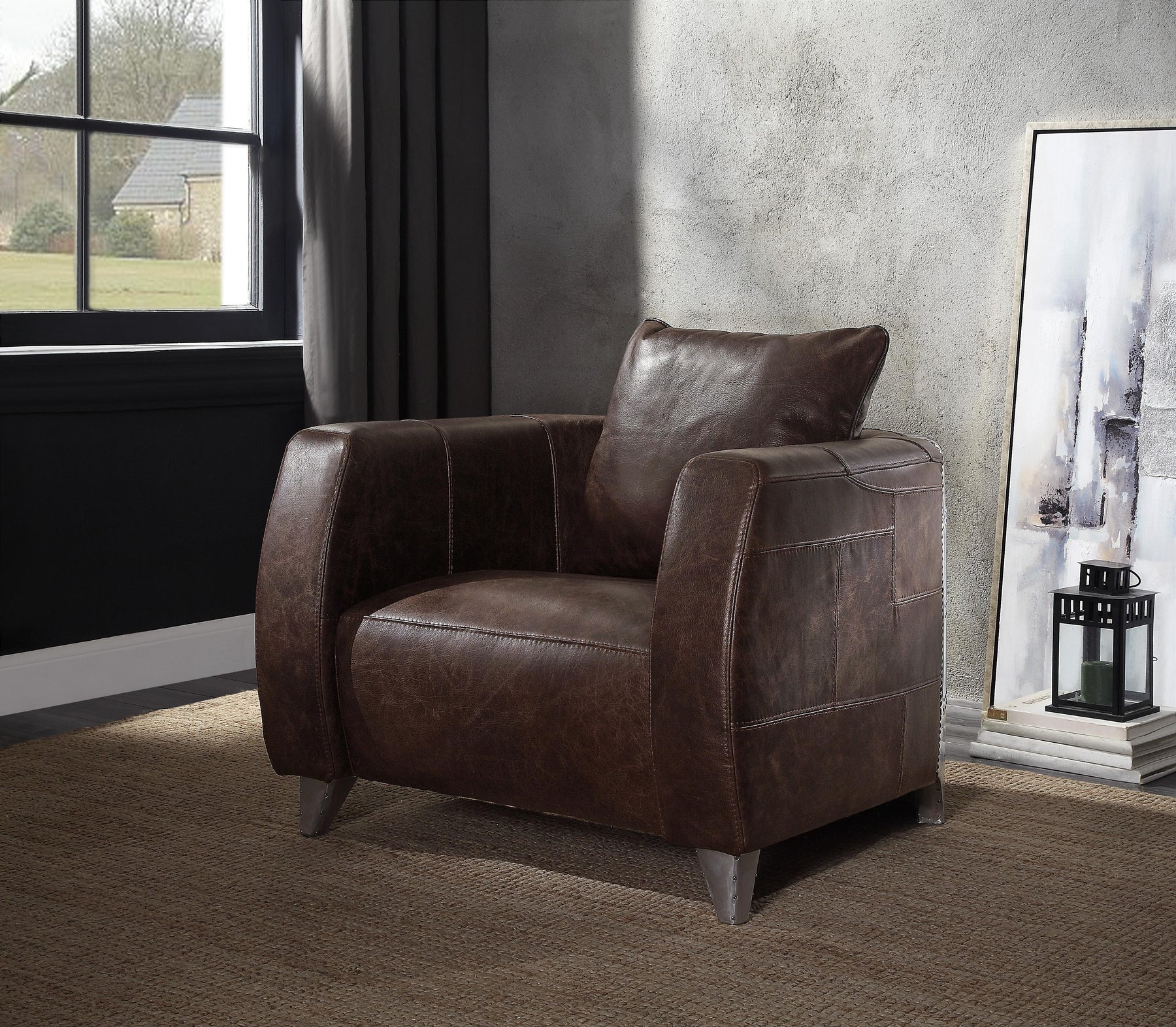Kalona Distress Chocolate Top Grain Leather & Aluminum Accent Chair  Half Price Furniture