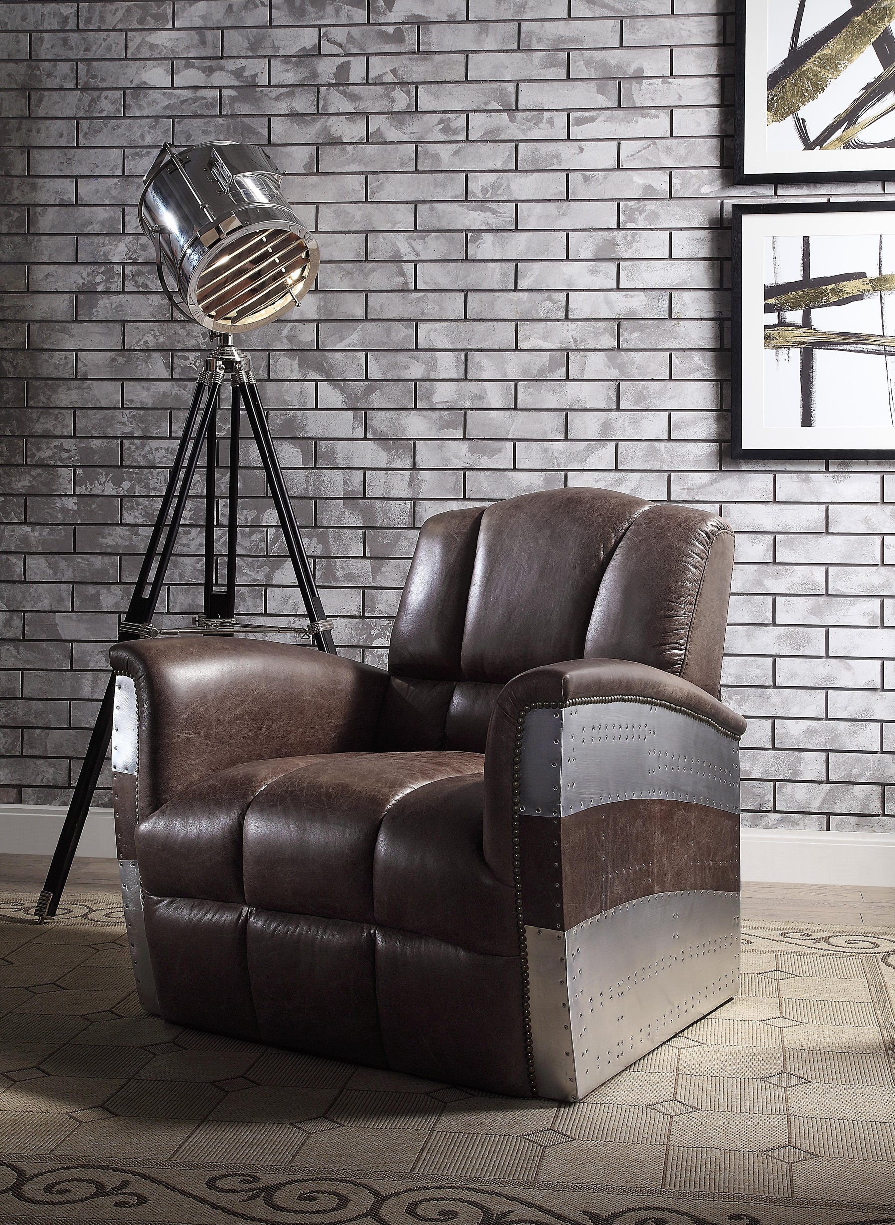 Brancaster Retro Brown Top Grain Leather & Aluminum Accent Chair Half Price Furniture