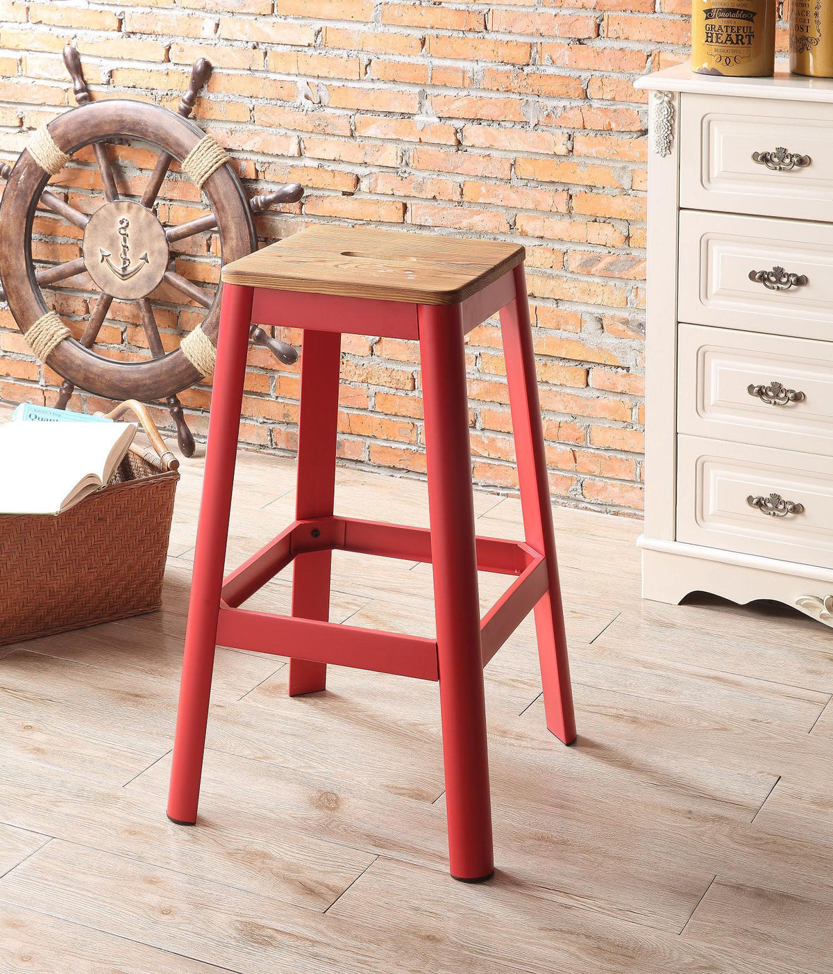 Jacotte Natural & Red Bar Stool (1Pc) Half Price Furniture