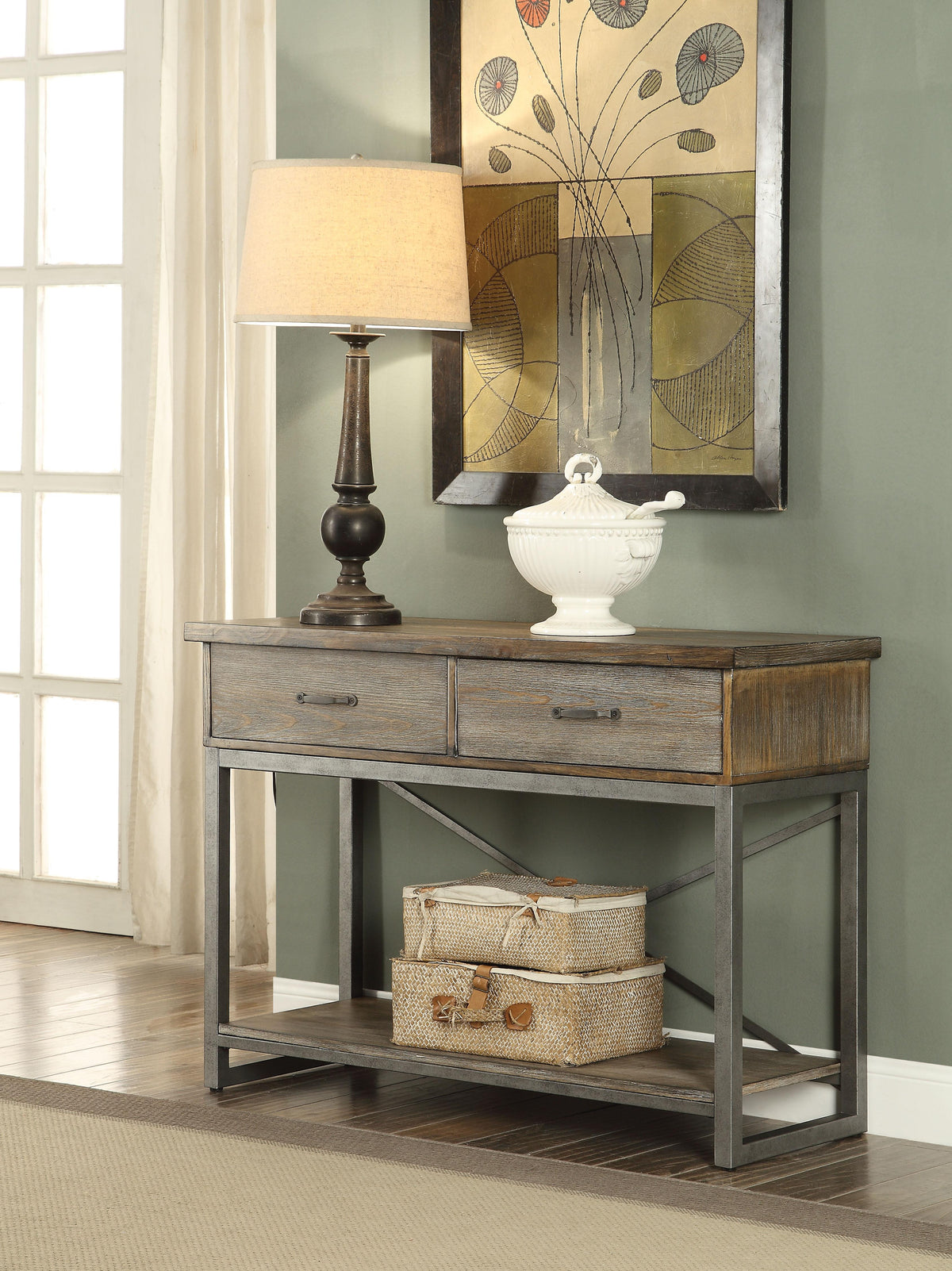 Lazarus Weathered Oak & Antique Silver Server  Half Price Furniture