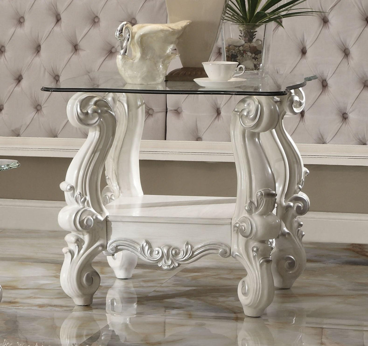 Versailles Bone White & Clear Glass End Table  Half Price Furniture