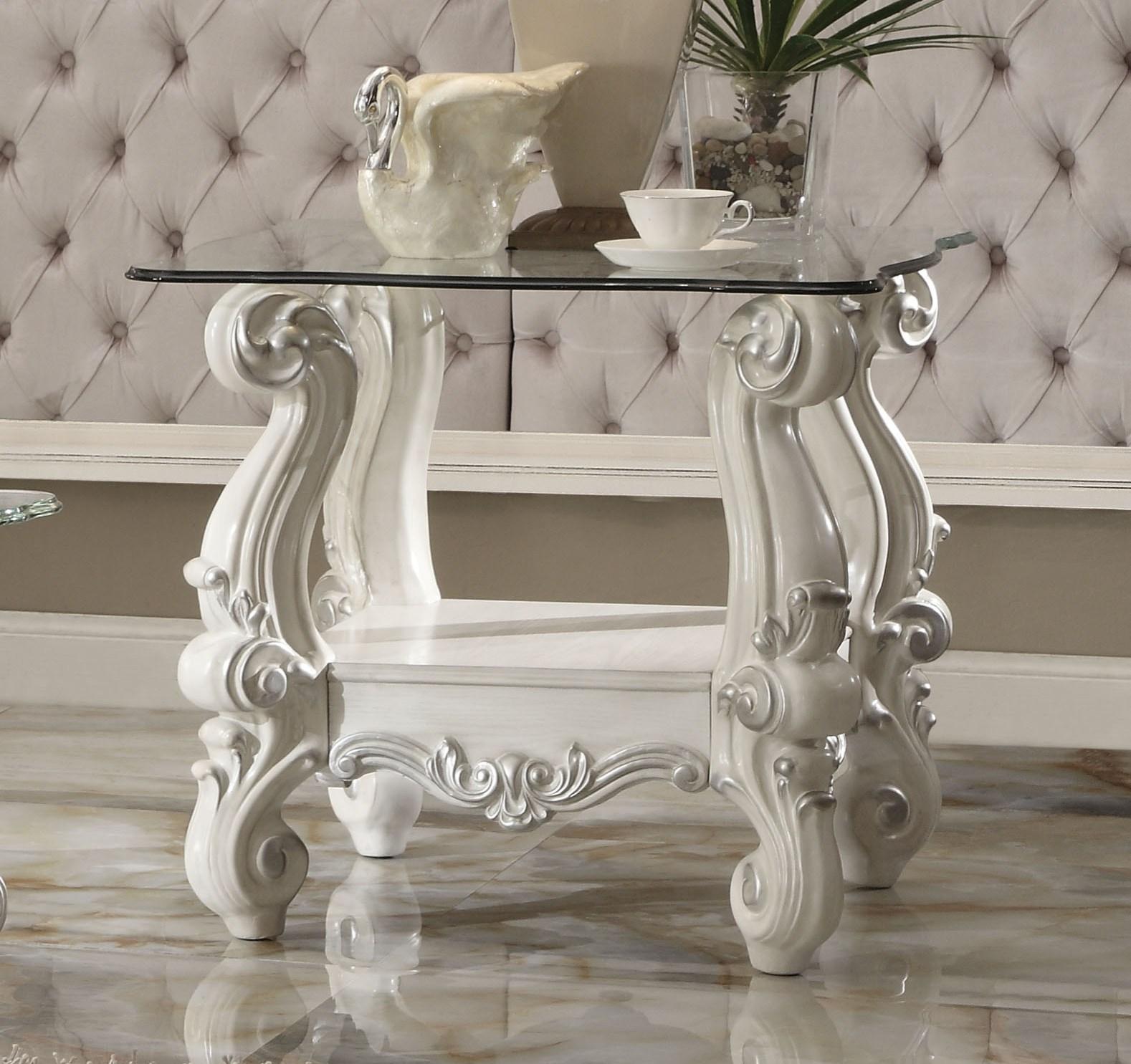 Versailles Bone White & Clear Glass End Table Half Price Furniture