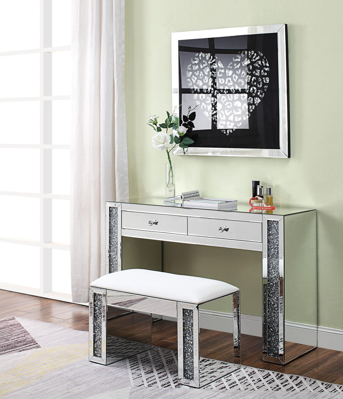 Noralie Mirrored & Faux Diamonds Vanity Desk Half Price Furniture