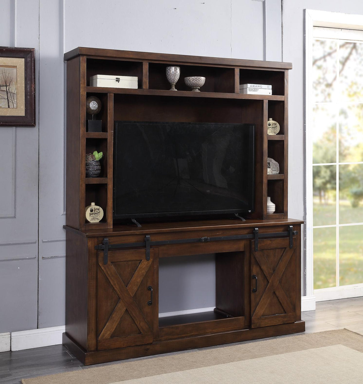 Aksel Walnut Entertainment Center w/Fireplace  Half Price Furniture