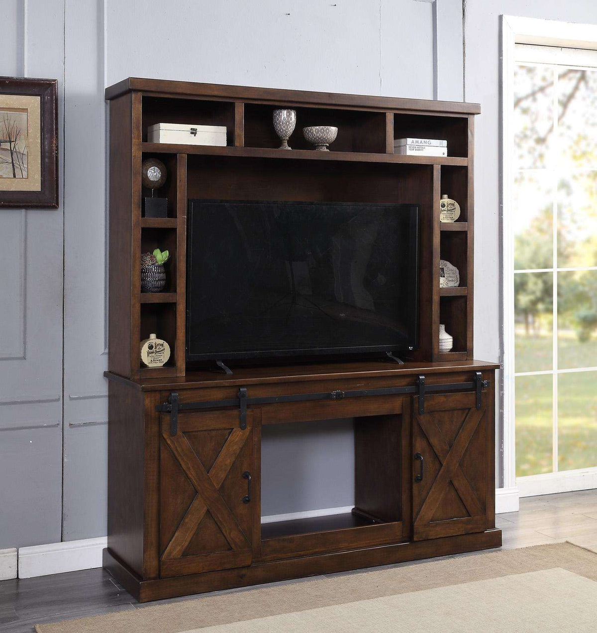 Aksel Walnut Entertainment Center w/Fireplace Half Price Furniture