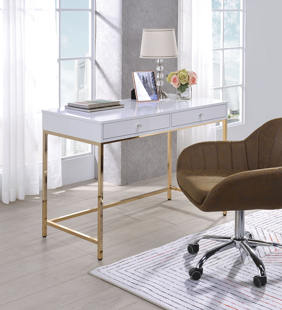 Ottey White High Gloss & Gold Desk  Half Price Furniture