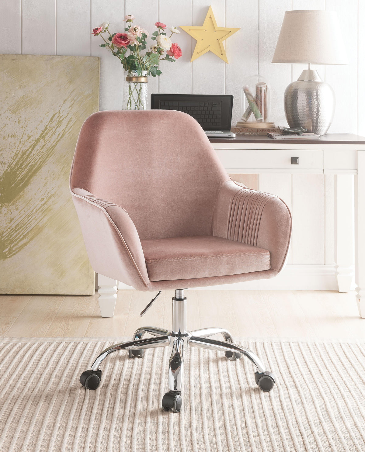 Eimer Peach Velvet & Chrome Office Chair  Half Price Furniture
