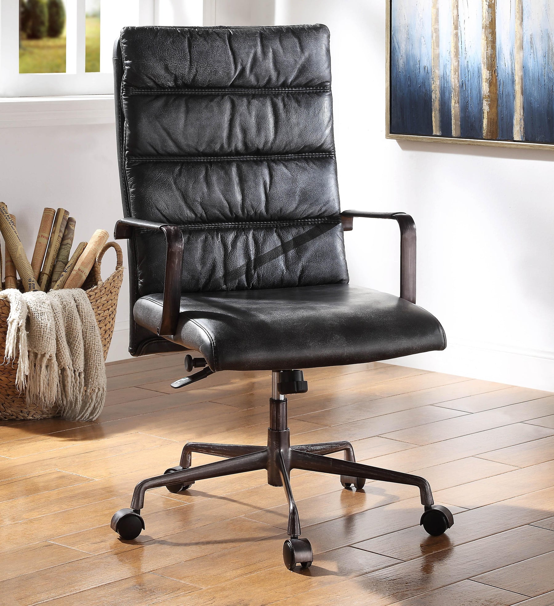 Jairo Vintage Black Top Grain Leather Office Chair Half Price Furniture