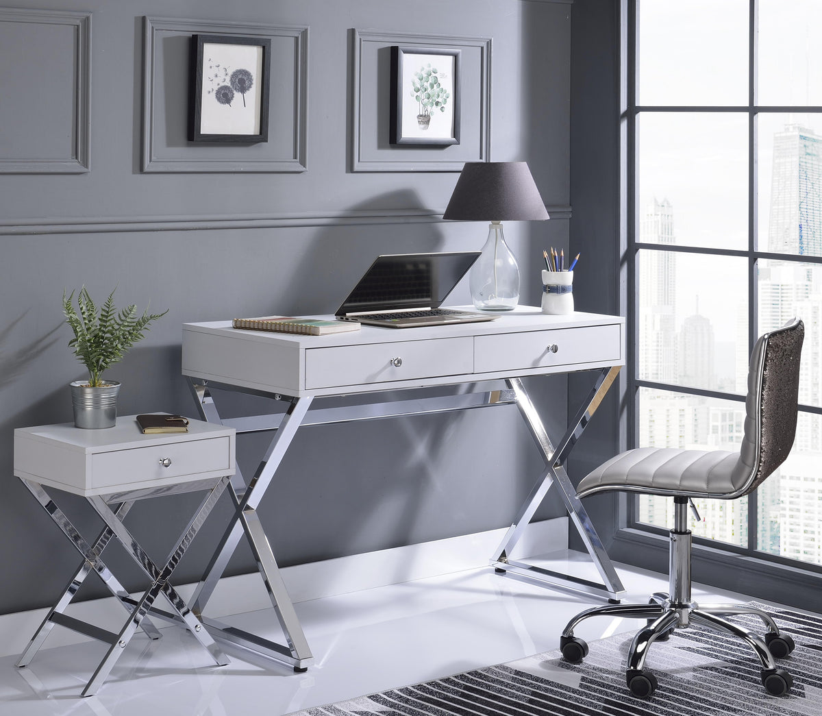Coleen White & Chrome Desk  Half Price Furniture