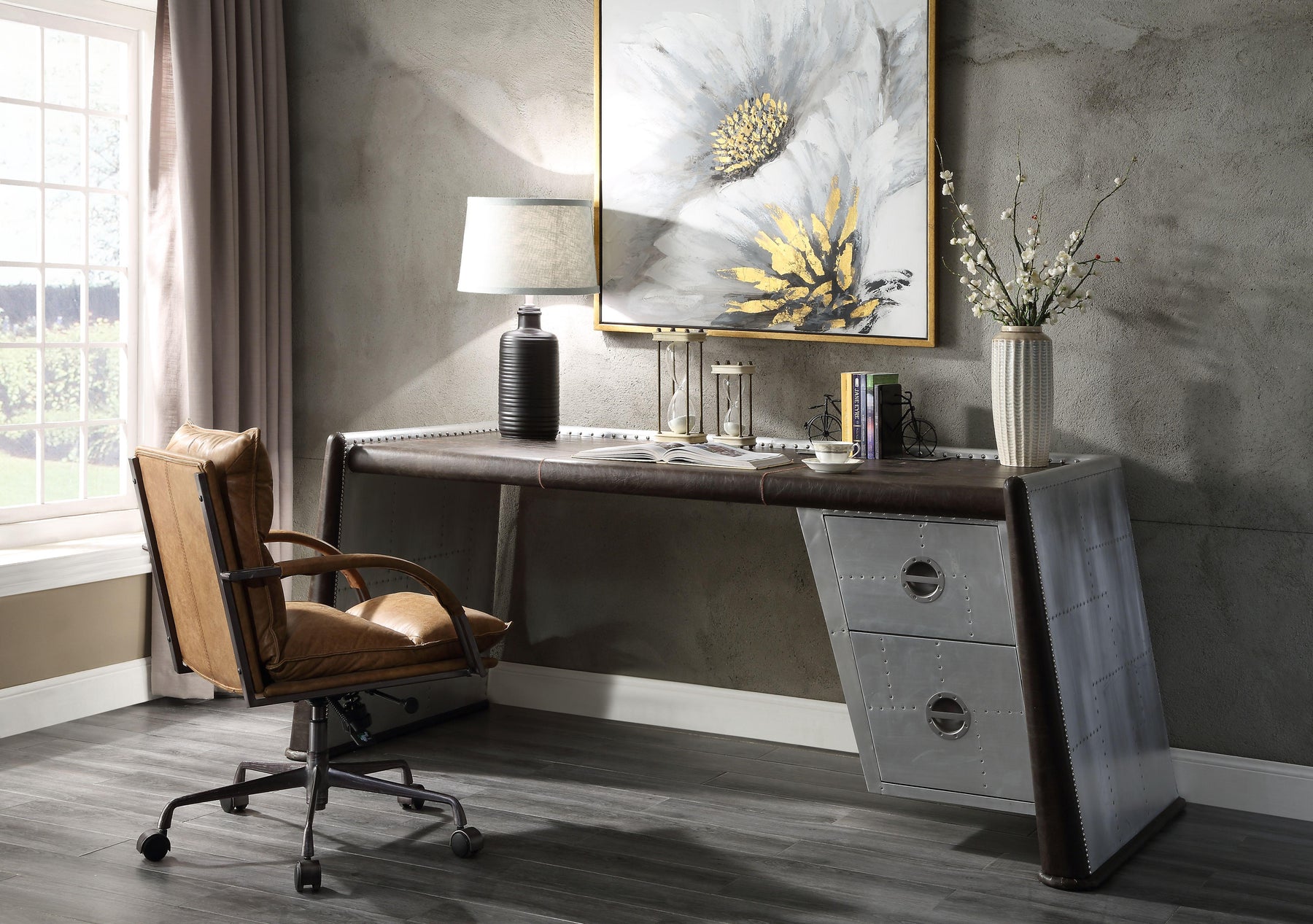 Brancaster Distress Chocolate Top Grain Leather & Aluminum Desk Half Price Furniture