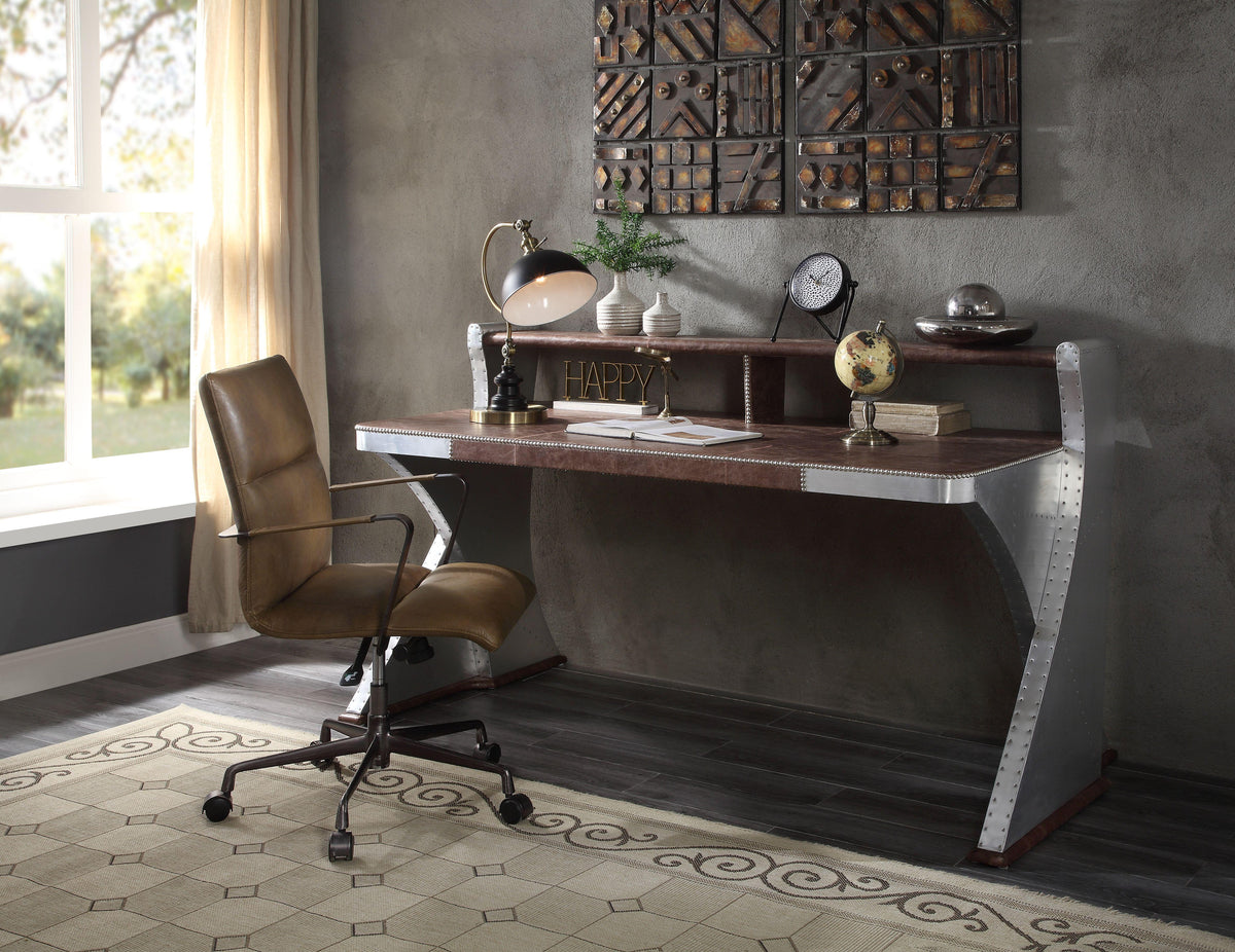 Brancaster Retro Brown Top Grain Leather & Aluminum Desk  Half Price Furniture