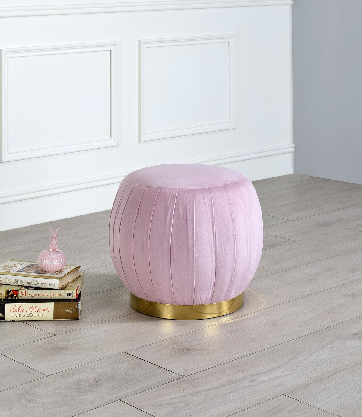 Zinnia Pink Carnation Velvet & Gold Ottoman  Half Price Furniture