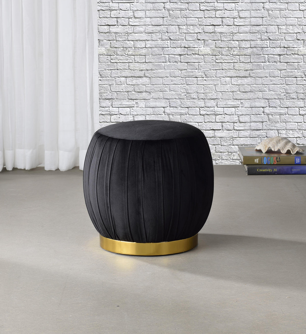 Zinnia Black Velvet & Gold Ottoman  Half Price Furniture