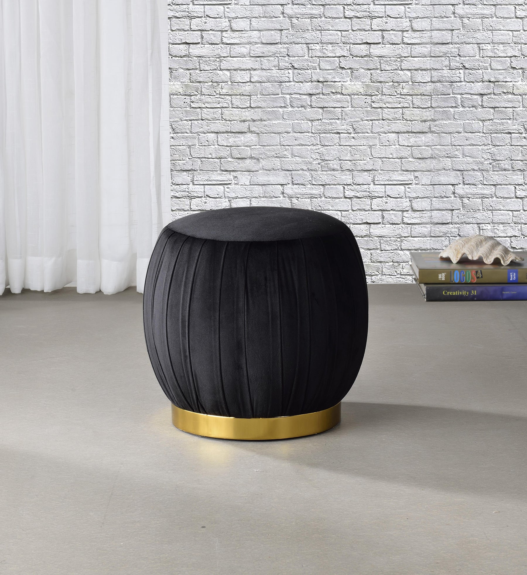 Zinnia Black Velvet & Gold Ottoman Half Price Furniture