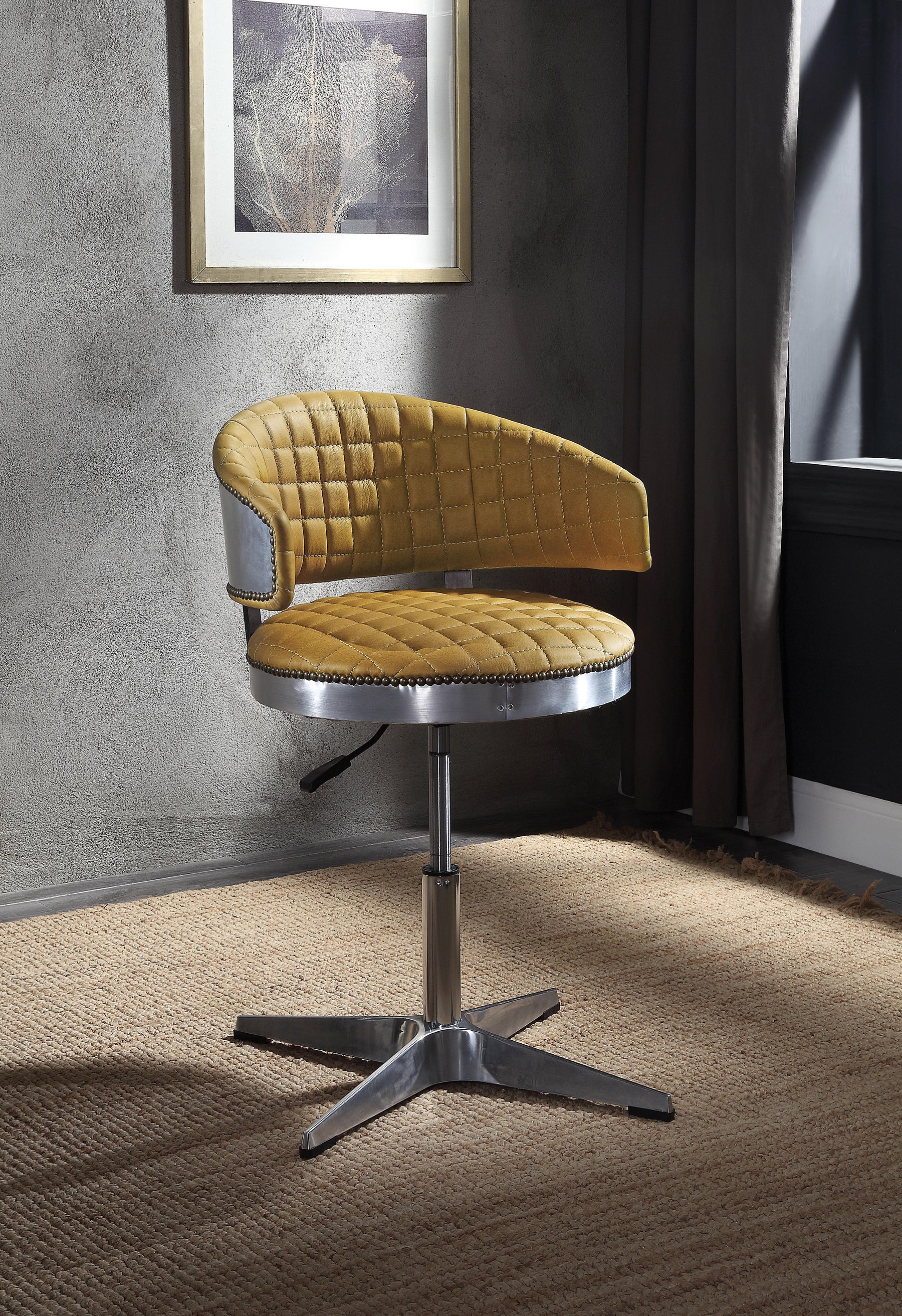 Brancaster Turmeric Top Grain Leather & Chrome Adjustable Chair w/Swivel Half Price Furniture