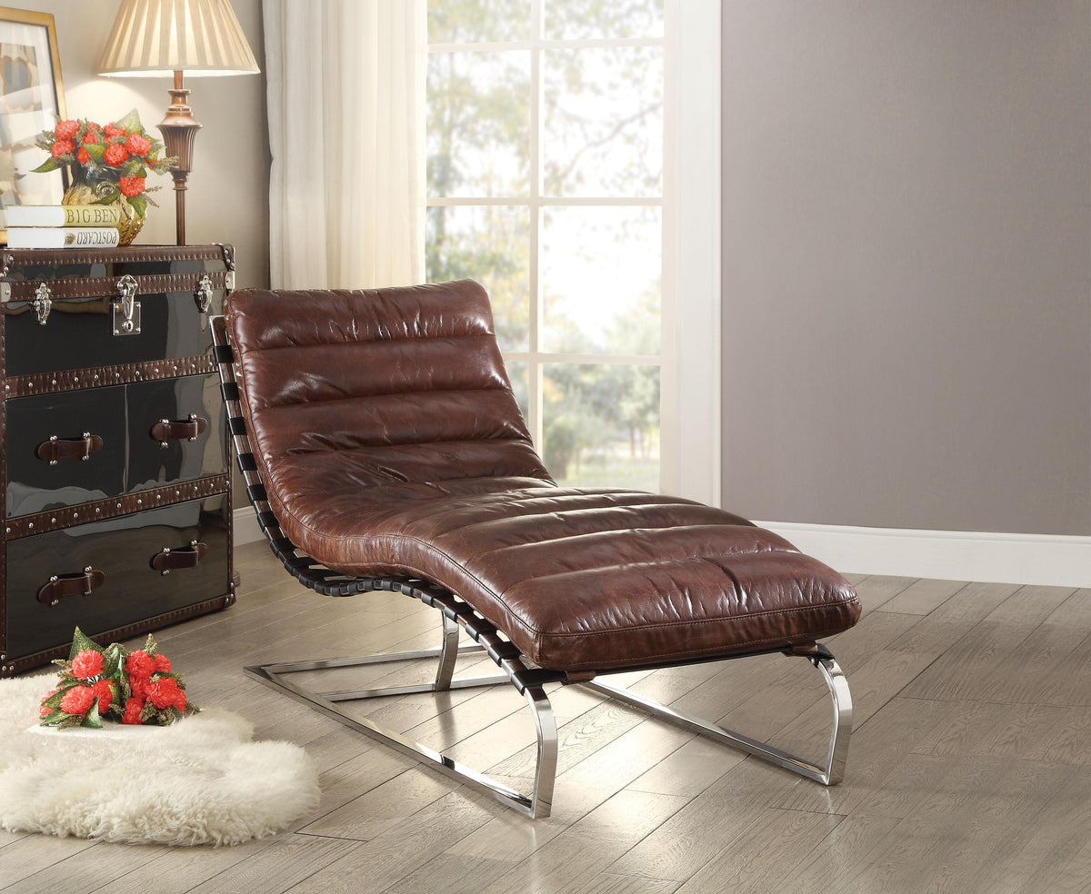 Qortini Vintage Dark Brown Top Grain Leather & Stainless Steel Chaise  Half Price Furniture