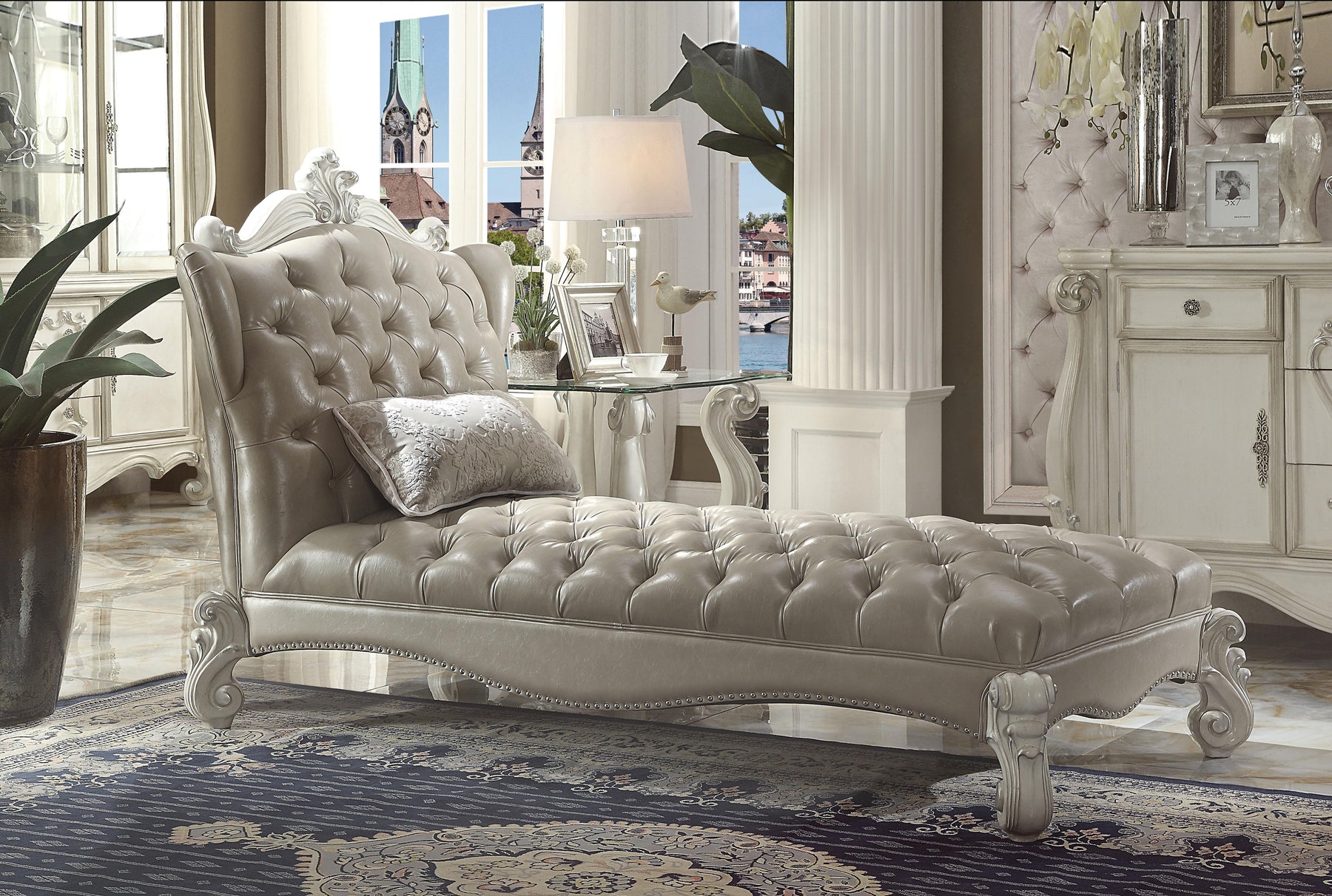Versailles Vintage Gray PU & Bone White Chaise & Pillow  Half Price Furniture
