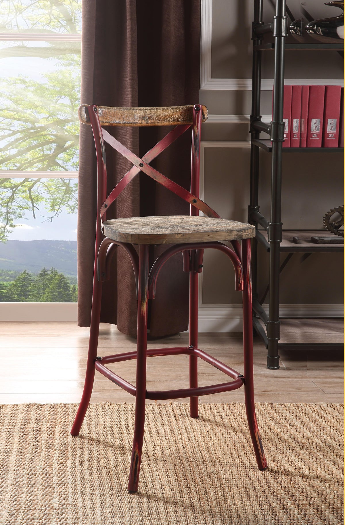Zaire Antique Red & Antique Oak Bar Chair (1Pc)  Half Price Furniture